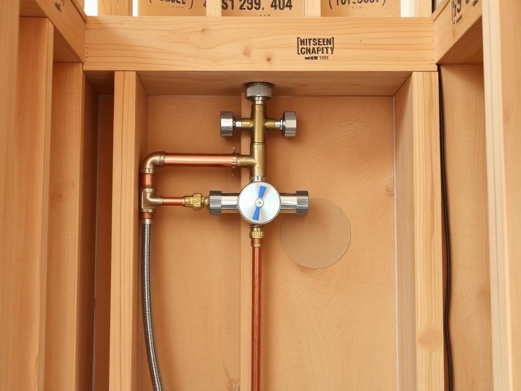 Shower manifold rough-in with copper piping inside an open framed wall
