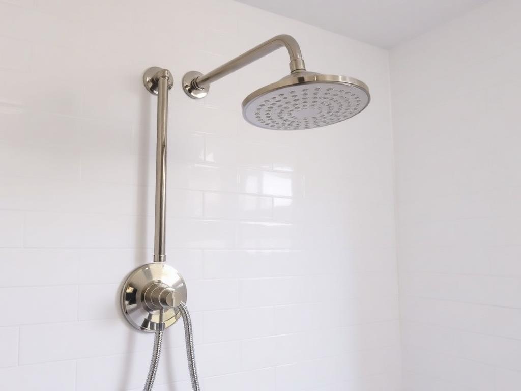 Newly installed brushed nickel rain shower head and valve on white tile